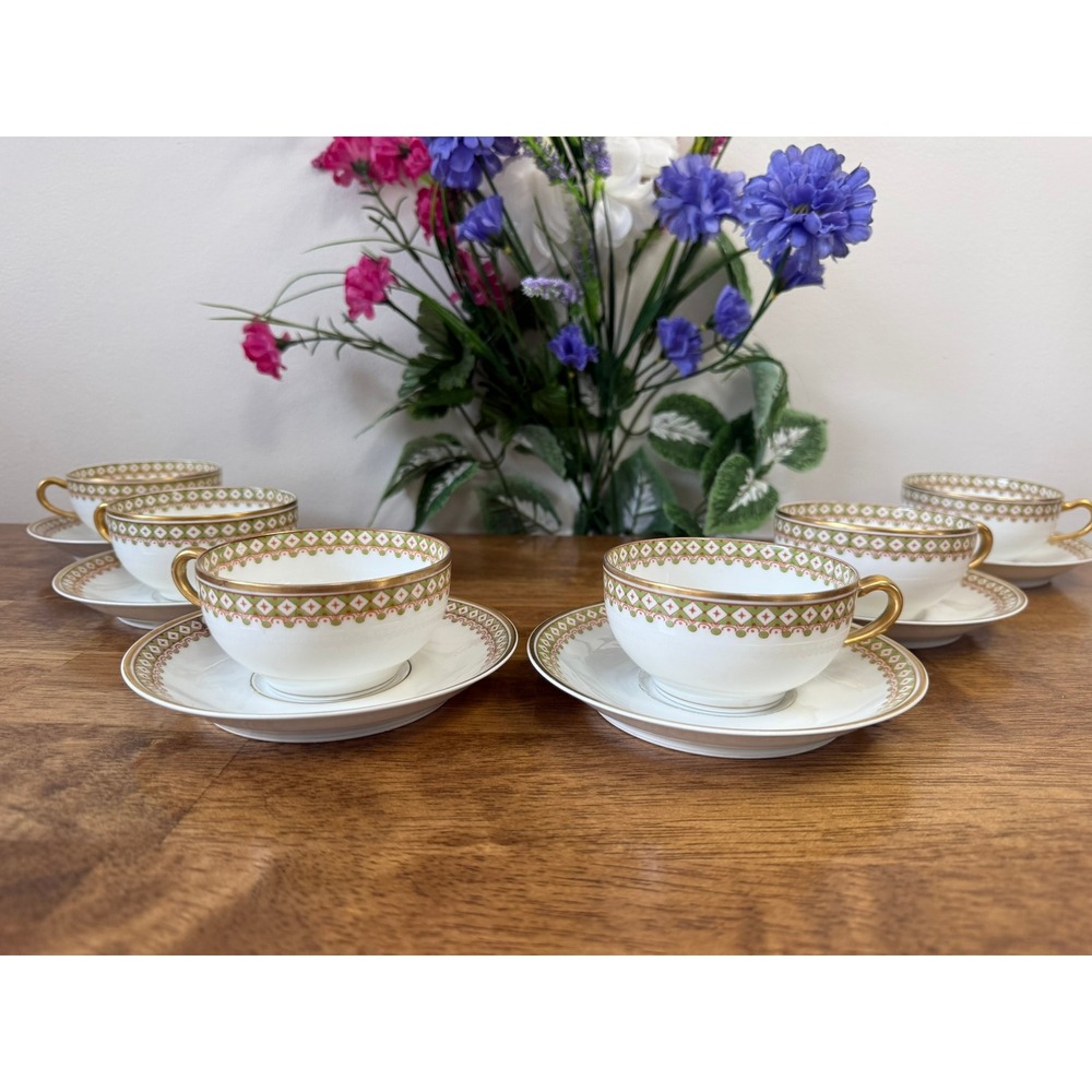 Theodore‎ Haviland Limoges France Tea Cups and Saucers Green Gilt Set of 6